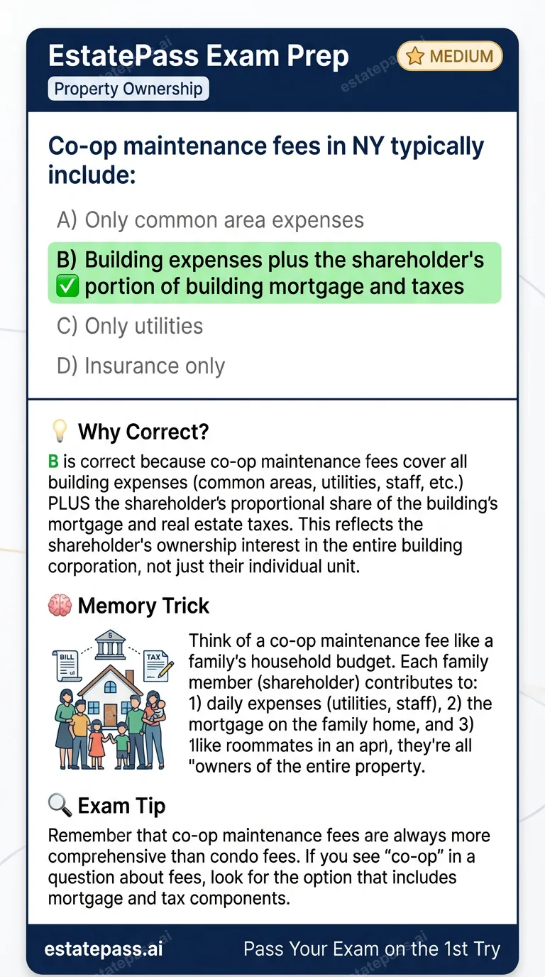 Study card infographic for: Co-op maintenance fees in NY typically include: