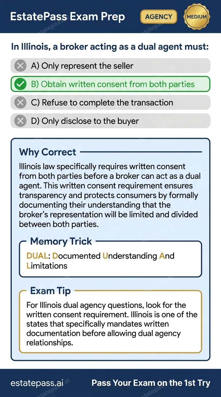 Study card infographic for: In Illinois, a broker acting as a dual agent must:
