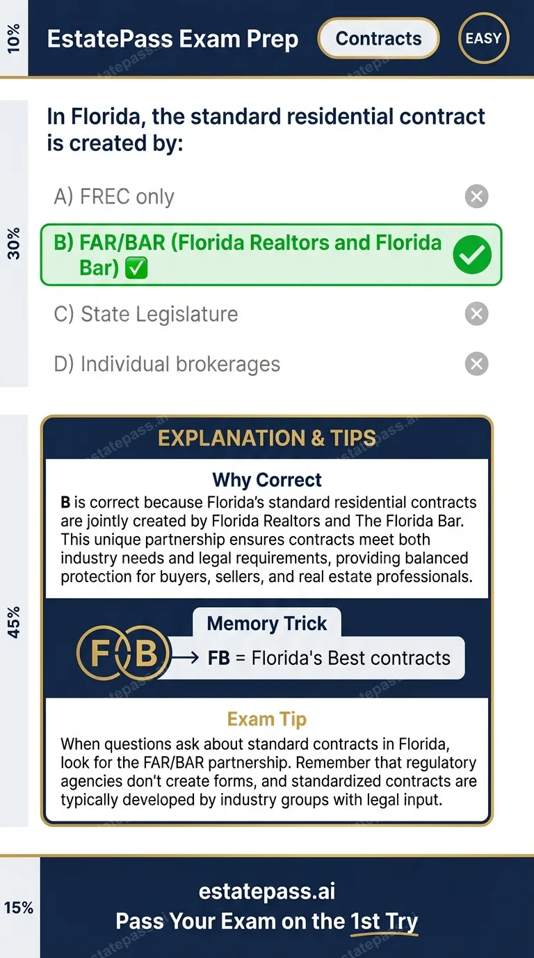 Study card infographic for: In Florida, the standard residential contract is created by:
