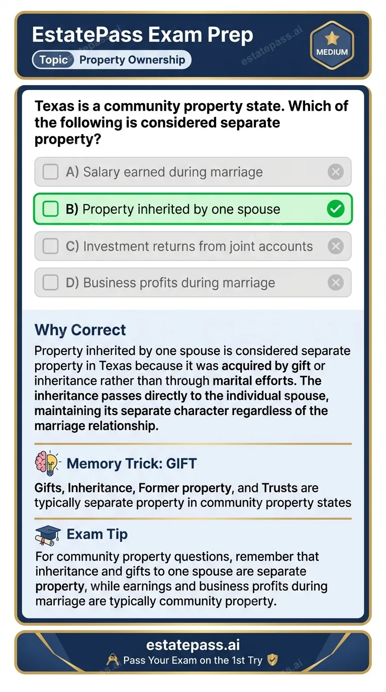 Study card infographic for: Texas is a community property state. Which of the following is considered separa