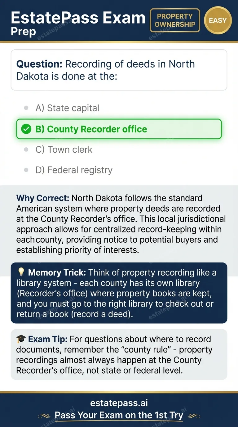 Study card infographic: Recording of deeds in North Dakota is done at the: