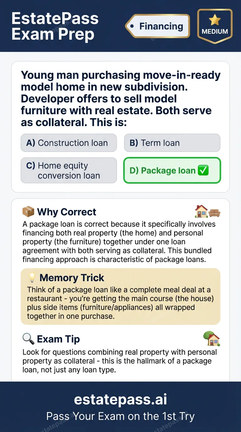Study card infographic: Young man purchasing move-in-ready model home in new subdivision. Developer offe