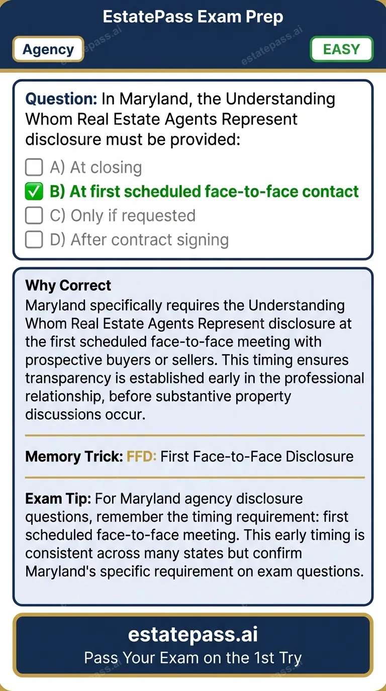 Study card infographic: In Maryland, the Understanding Whom Real Estate Agents Represent disclosure must