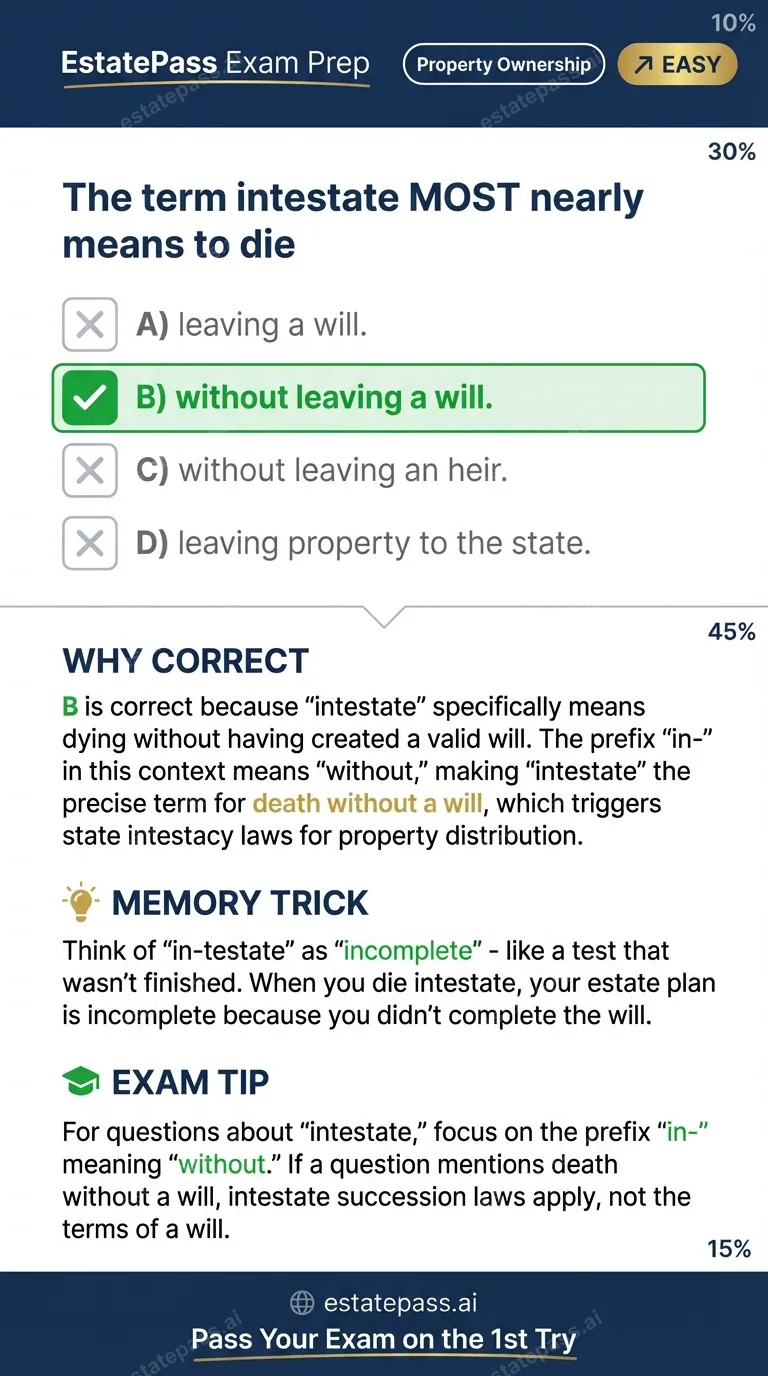 Study card infographic for: The term intestate MOST nearly means to die
