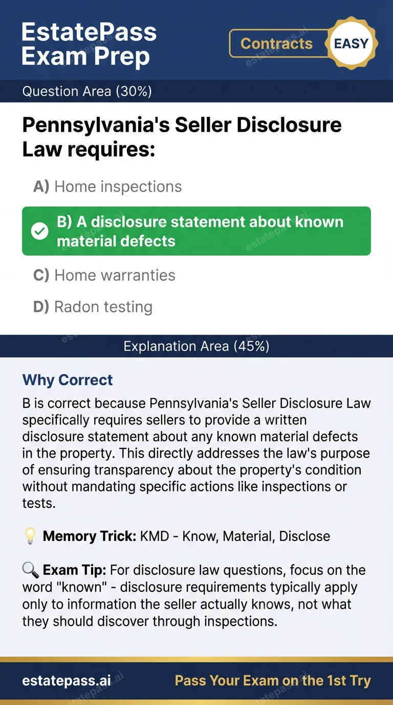 Study card infographic for: Pennsylvania's Seller Disclosure Law requires:
