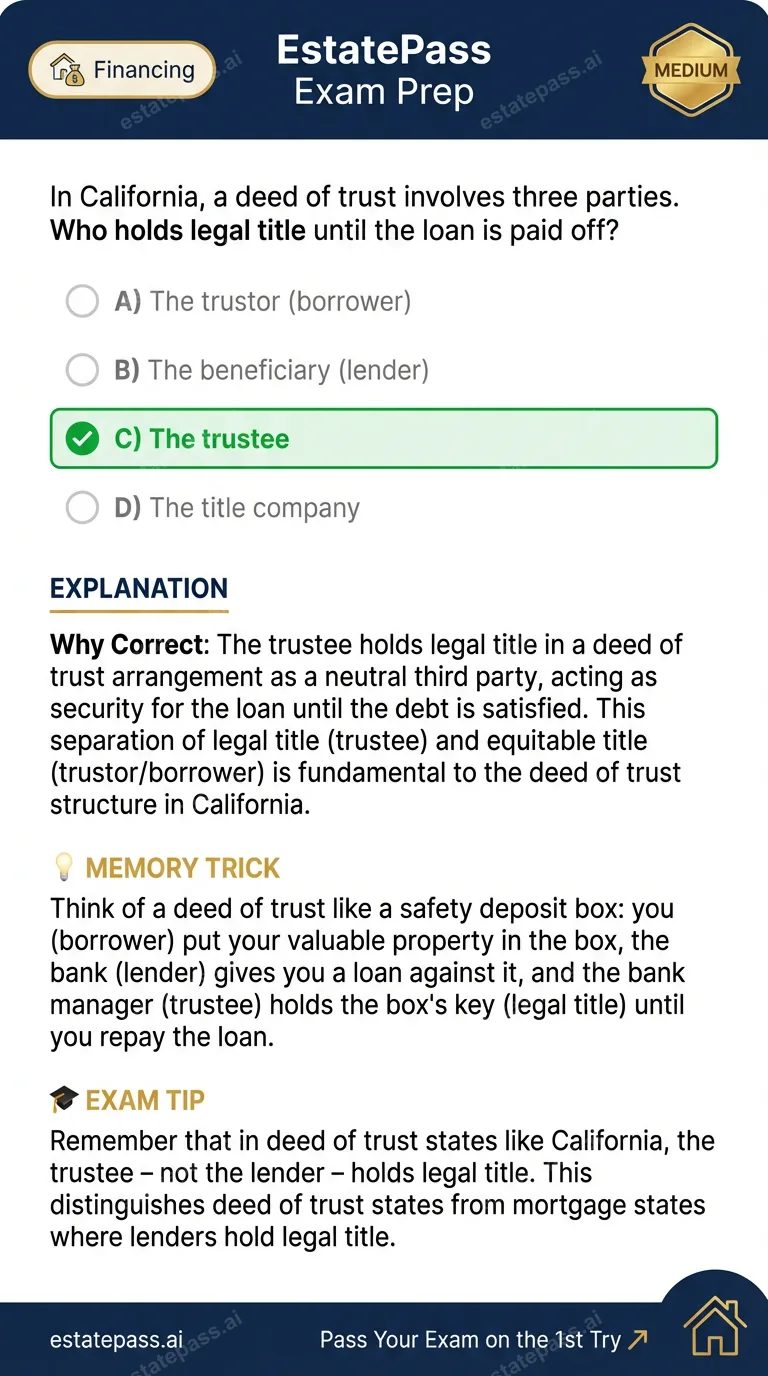 Study card infographic for: In California, a deed of trust involves three parties. Who holds legal title unt