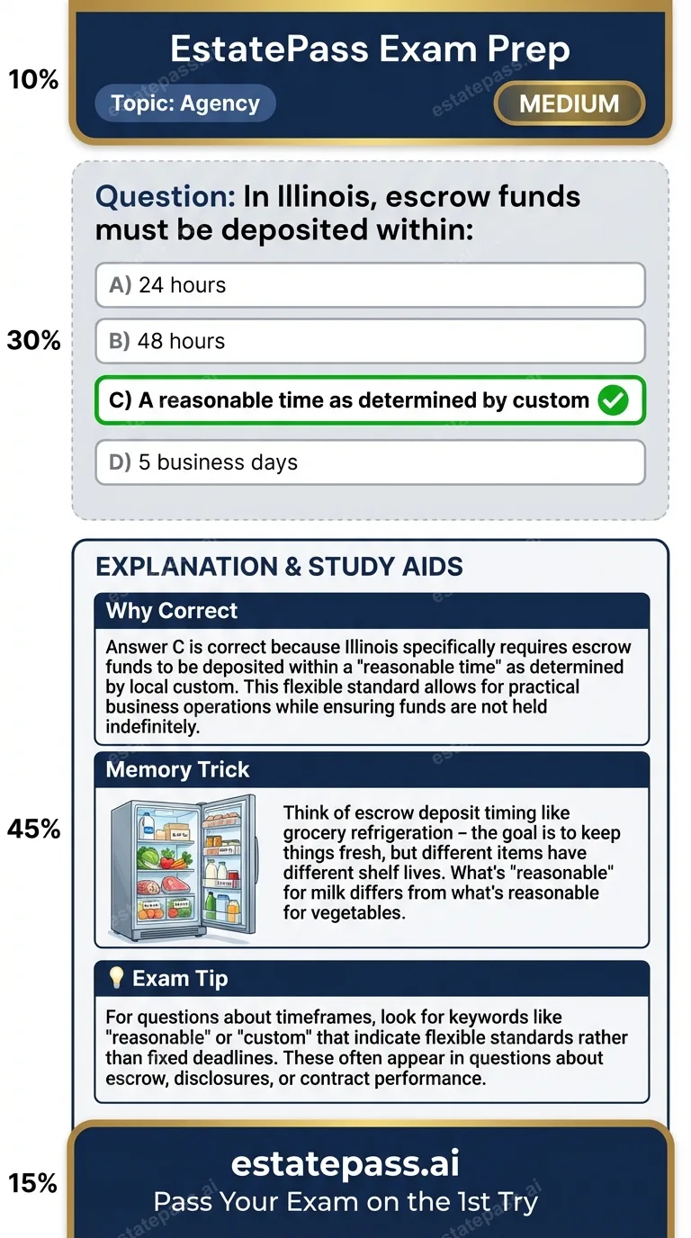 Study card infographic for: In Illinois, escrow funds must be deposited within: