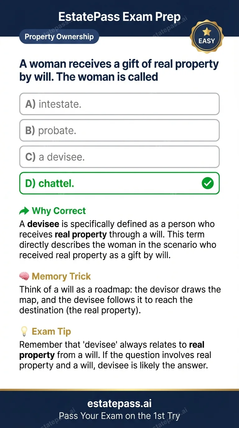 Study card infographic for: A woman receives a gift of real property by will. The woman is called