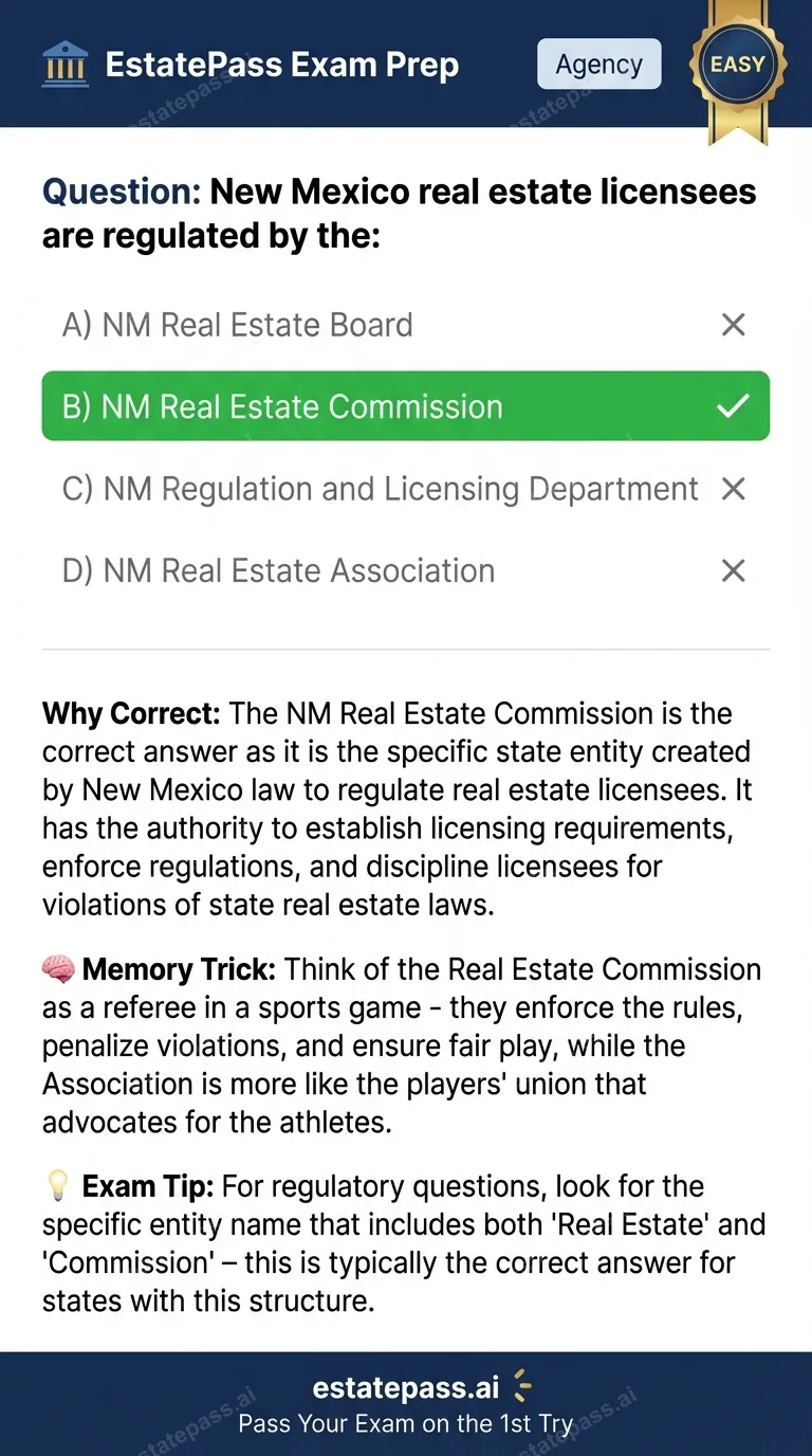 Study card infographic: New Mexico real estate licensees are regulated by the: