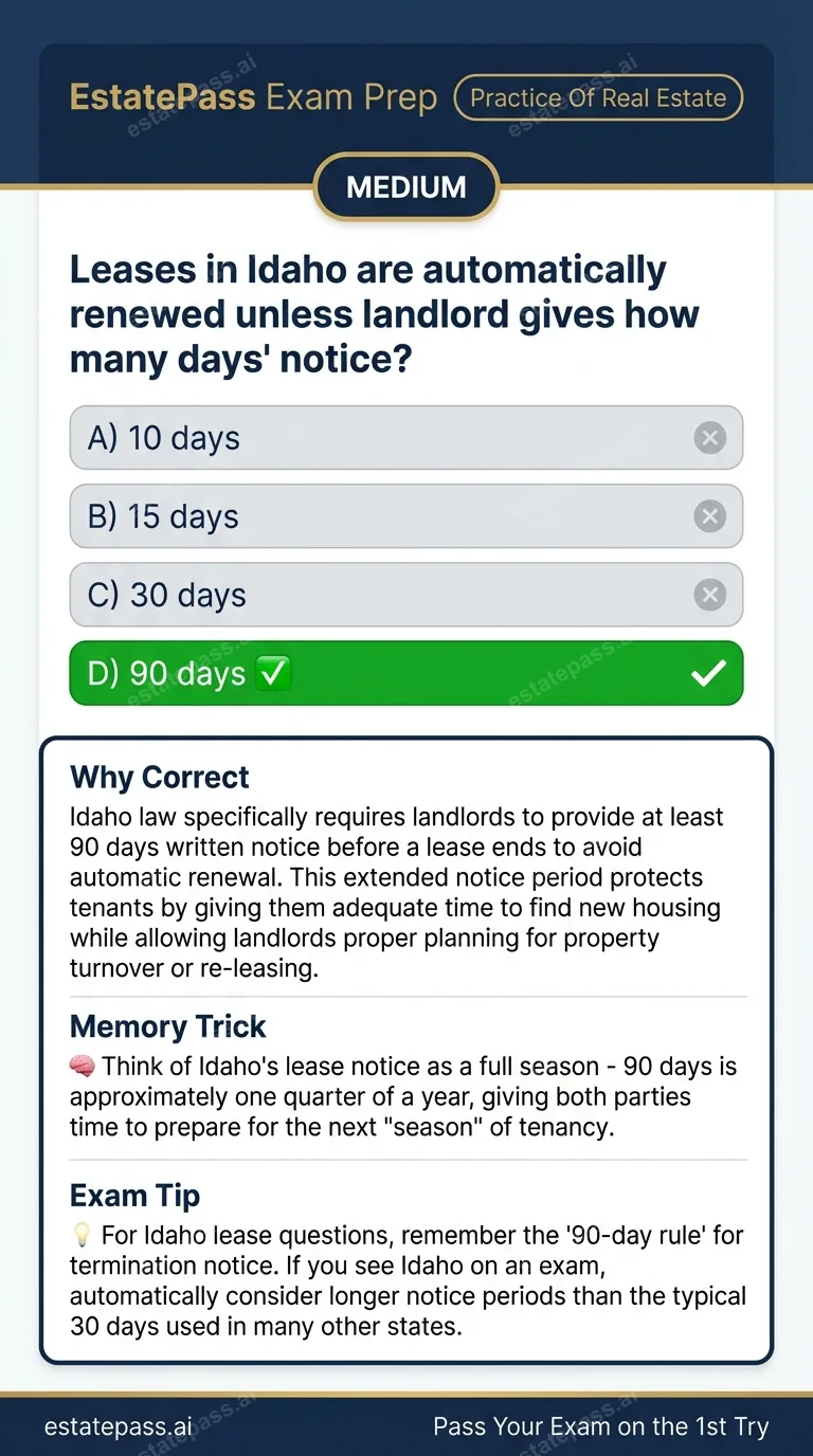 Study card infographic: Leases in Idaho are automatically renewed unless landlord gives how many days' n
