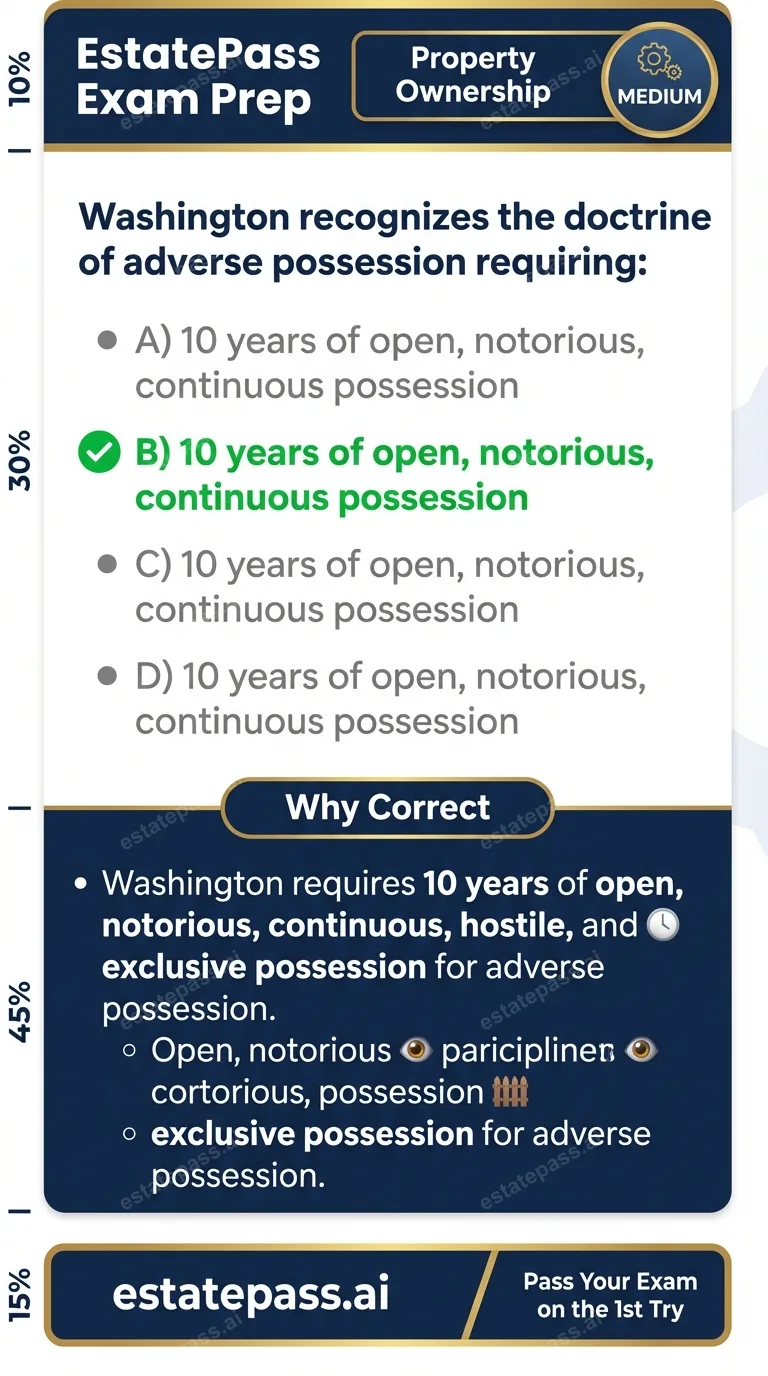 Study card infographic for: Washington recognizes the doctrine of adverse possession requiring: