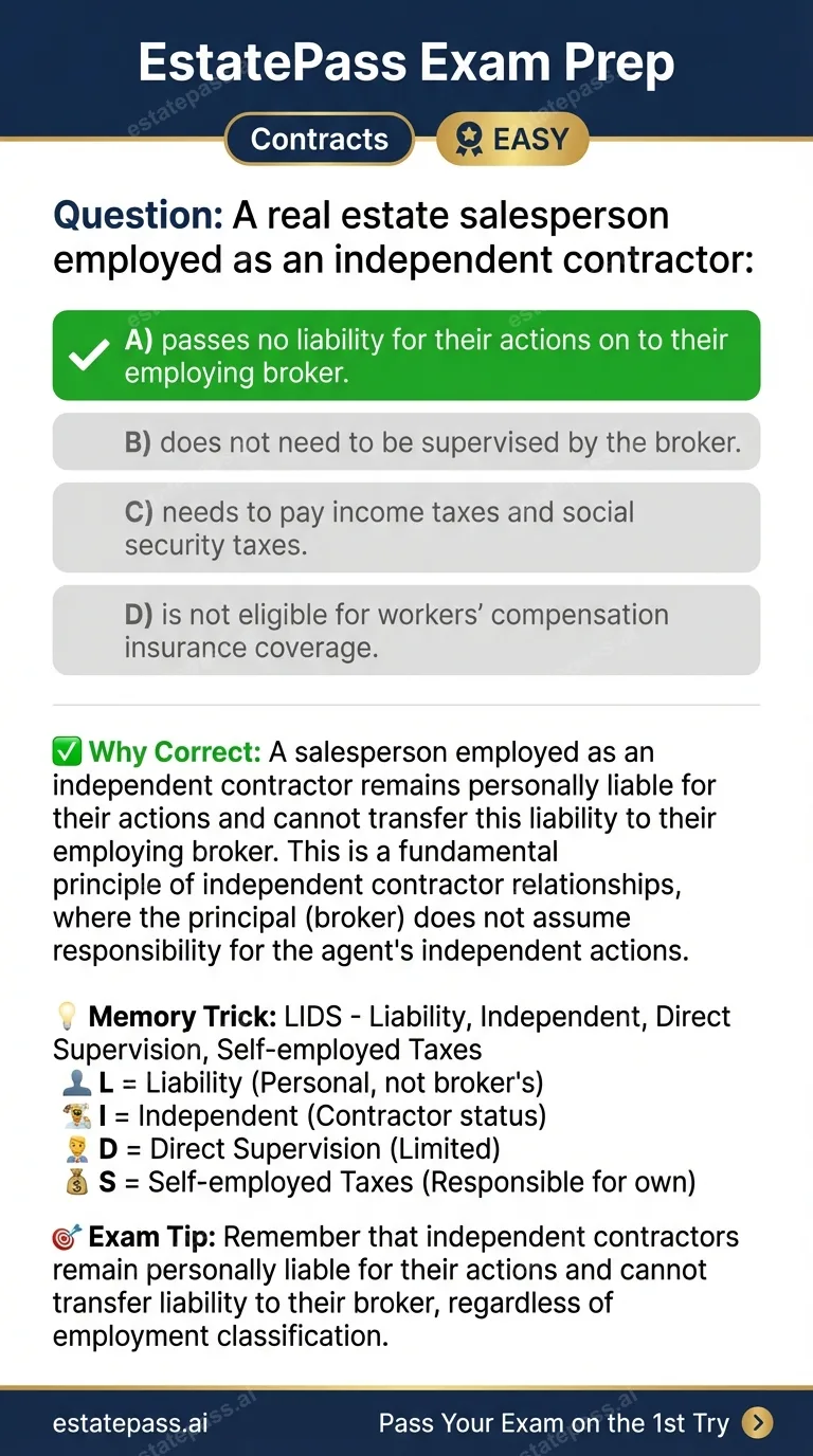 Study card infographic for: A real estate salesperson employed as an independent contractor: