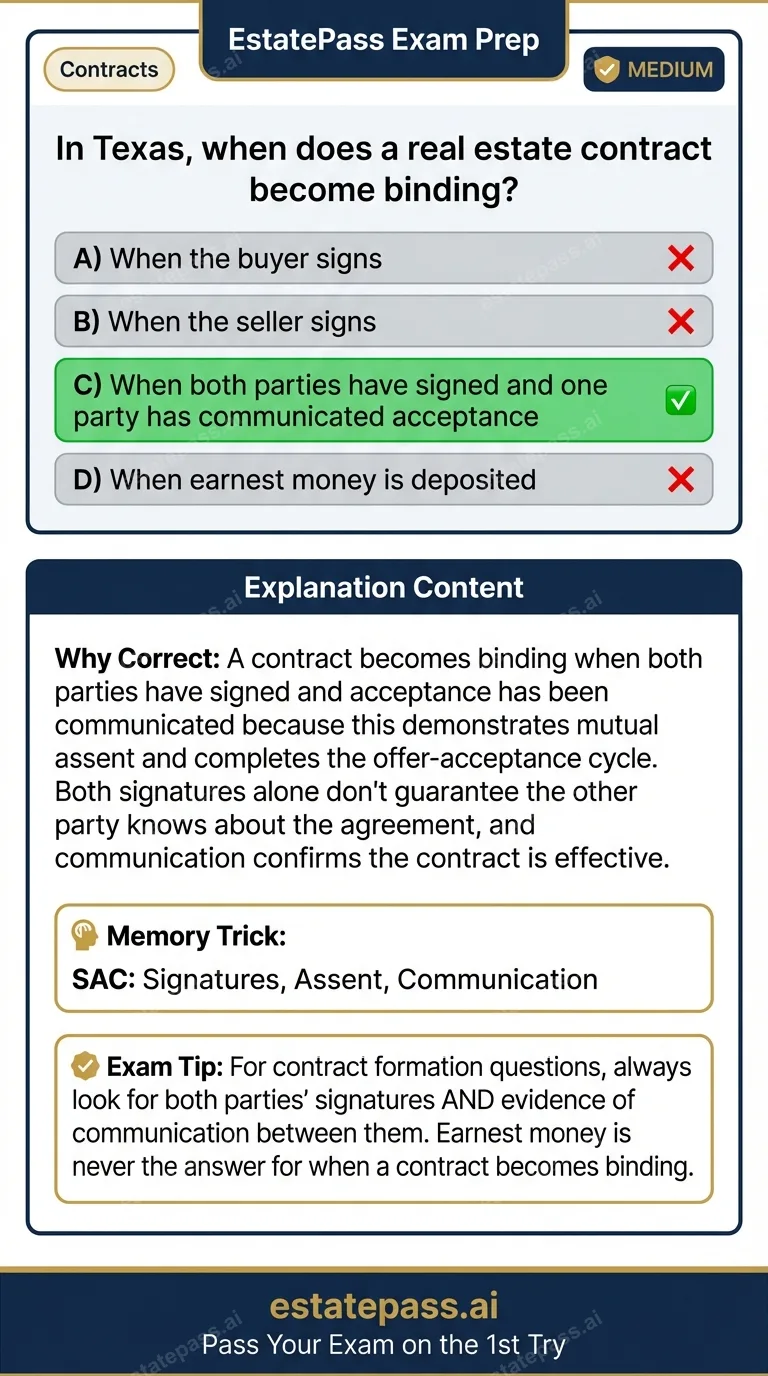 Study card infographic for: In Texas, when does a real estate contract become binding?