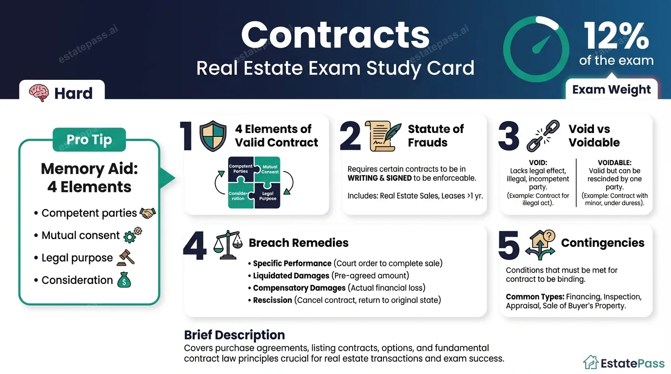 Contracts study card with general concepts and memory aids