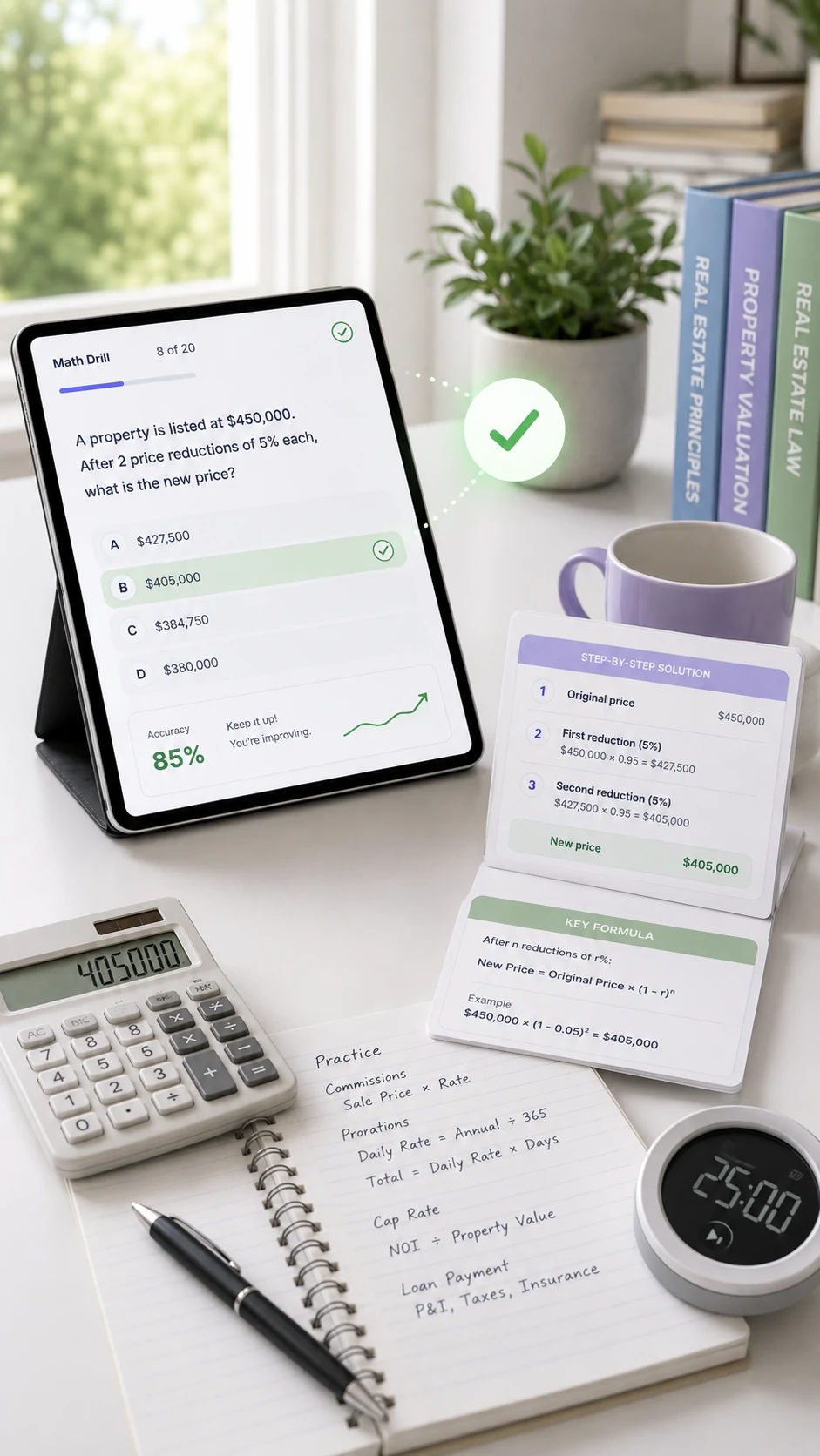 Math drill with step-by-step real estate calculation breakdown