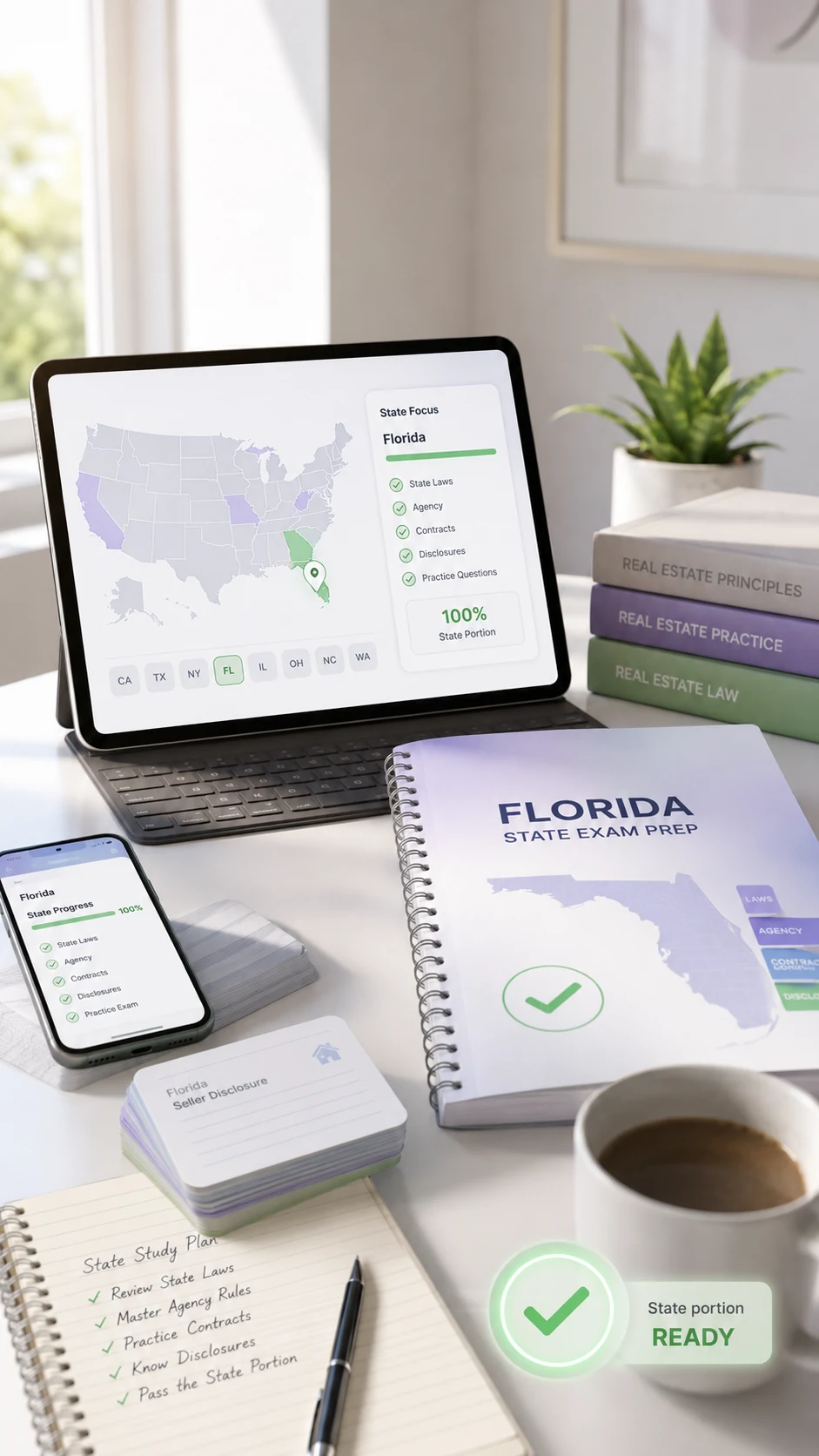 State-specific exam prep dashboard and state law topics